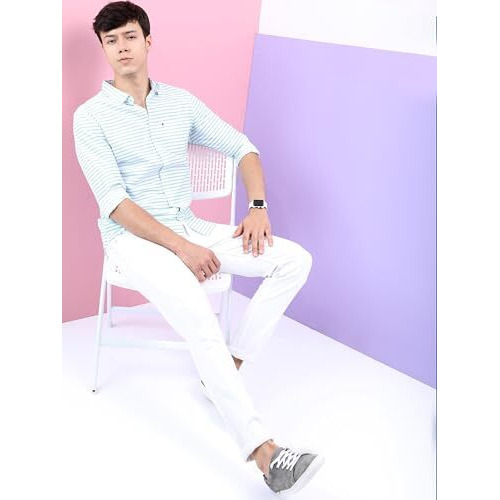 Highlander Men's Striped Slim Fit Shirt (Hlsh014002_White/Aqua