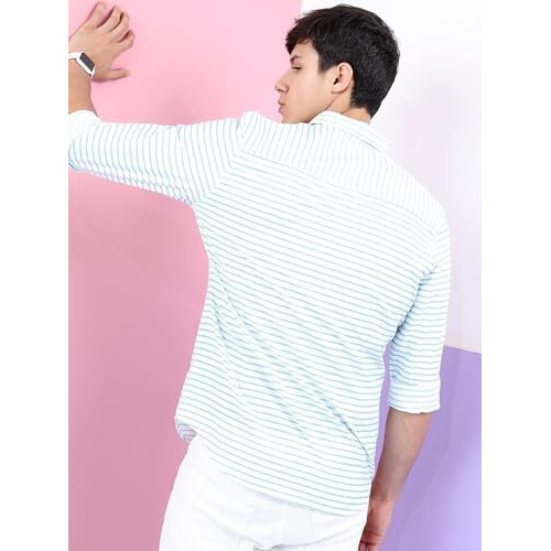 Highlander Men's Striped Slim Fit Shirt (Hlsh014002_White/Aqua
