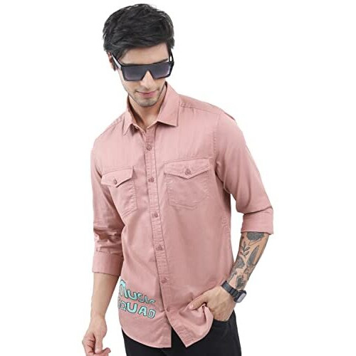 Ketch Men's Cotton Slim Fit Shirt (Khsh001173_Dusty Pink, Large