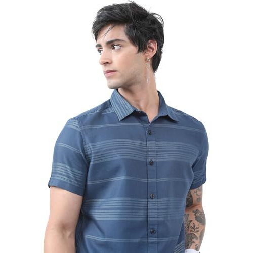Highlander Men's Striped Slim Fit Shirt (Hlsh014304_Teal