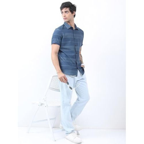 Highlander Men's Striped Slim Fit Shirt (Hlsh014304_Teal