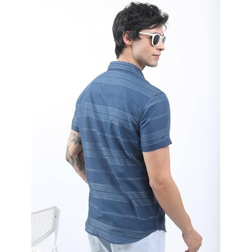 Highlander Men's Striped Slim Fit Shirt (Hlsh014304_Teal