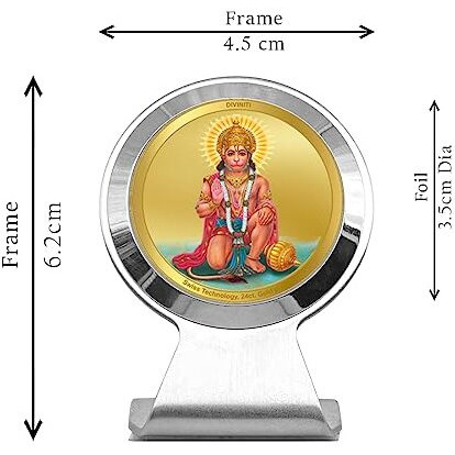 Diviniti 24K Gold Plated Foil Lord Hanuman Ashirwad Photo Frame For Car Dashboard, Table Decor|Mcf 1Cr Metallic Frame And 24K Gold Plated Foil|Idol For Pooja, Prayer, Gifts Items (6.3X5.5 Cm)