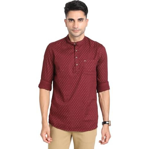 Turtle Men 100% Cotton Maroon Printed Slim Fit Casual Kurta Shirt