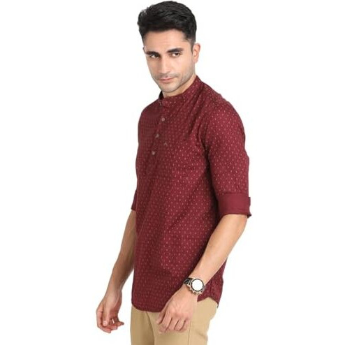 Turtle Men 100% Cotton Maroon Printed Slim Fit Casual Kurta Shirt