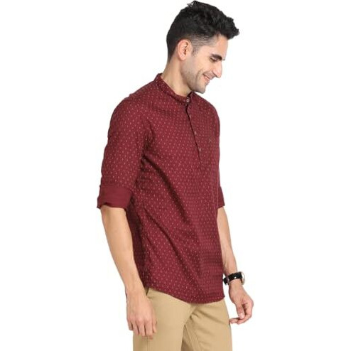 Turtle Men 100% Cotton Maroon Printed Slim Fit Casual Kurta Shirt