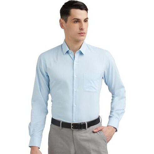 Peter England Men's Everday Regular Fit Solid Shirt | Cotton Rich | 5-Pin Pocketing Light Blue