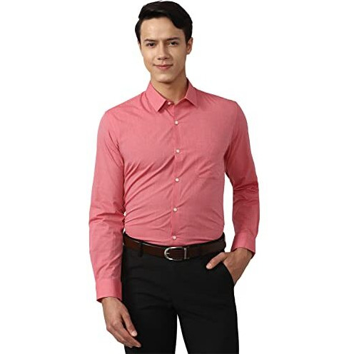 Peter England Men's Everyday Solid Slim Fit Full Sleeve Formal Shirt | Cotton-Rich Red, 44