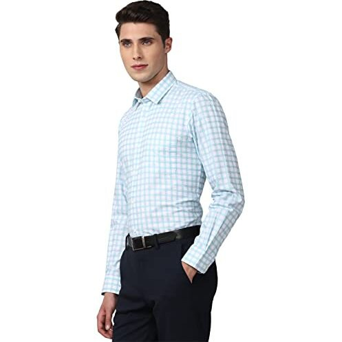 Peter England Men's Classic Checkered Formal Slim Fit Full Sleeve Shirt | Wonder Fabric | Cotton-Rich Light Blue
