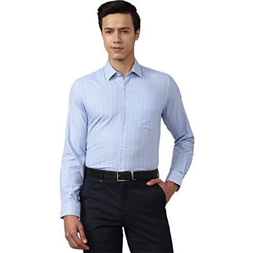Peter England Men's Classic Sophisticated Self-Checkered Formal Slim Fit Full Sleeve Shirt | Wonder Fabric | Cotton-Rich Medium Blue
