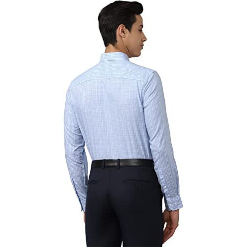 Peter England Men's Classic Sophisticated Self-Checkered Formal Slim Fit Full Sleeve Shirt | Wonder Fabric | Cotton-Rich Medium Blue