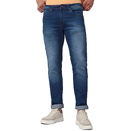 Peter England Men's Classic Tapered Stretchable Twill Jeans Medium Blue