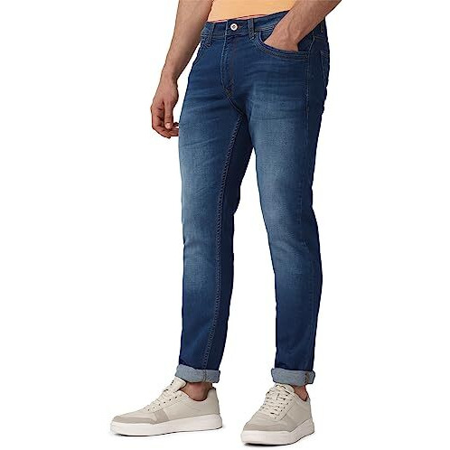 Peter England Men's Classic Tapered Stretchable Twill Jeans Medium Blue