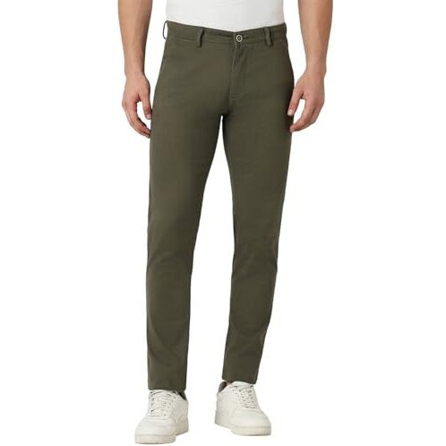 Peter England Men's Mid Rise Super Slim Fit Stretchable Everyday Casual Trouser | Scoop Pocket Premium Twill Chinos | Flat Front Dark Green, 34
