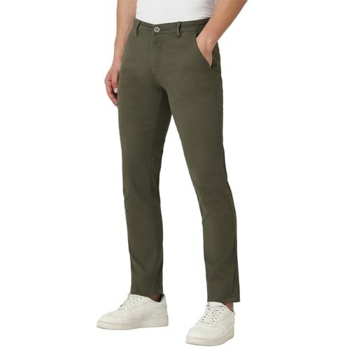 Peter England Men's Mid Rise Super Slim Fit Stretchable Everyday Casual Trouser | Scoop Pocket Premium Twill Chinos | Flat Front Dark Green, 34