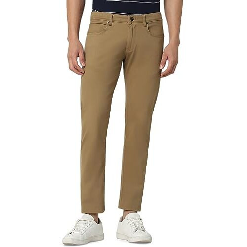 Peter England Men's Skinny Fit Mid Rise Stretchable Everyday Casual Trouser | Scoop Pocket Premium Twill Chinos | Flat Front Dark Khaki, 34