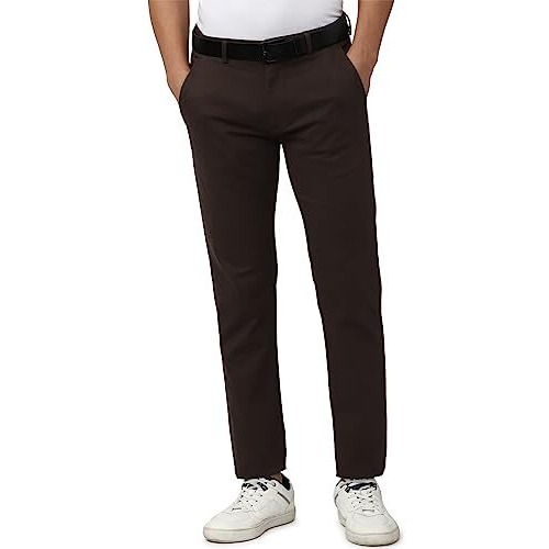 Peter England Men's Mid Rise Super Slim Fit Stretchable Everyday Casual Trouser | Scoop Pocket Premium Twill Chinos | Flat Front Chocolate Brown, 34