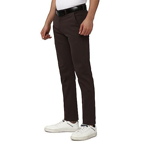 Peter England Men's Mid Rise Super Slim Fit Stretchable Everyday Casual Trouser | Scoop Pocket Premium Twill Chinos | Flat Front Chocolate Brown, 34