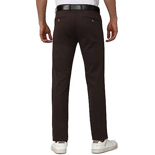Peter England Men's Mid Rise Super Slim Fit Stretchable Everyday Casual Trouser | Scoop Pocket Premium Twill Chinos | Flat Front Chocolate Brown, 34