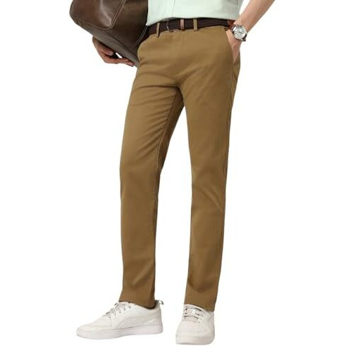 Peter England Men's Mid Rise Super Slim Fit Stretchable Everyday Casual Trouser | Scoop Pocket Premium Twill Chinos | Flat Front Dark Khaki, 34
