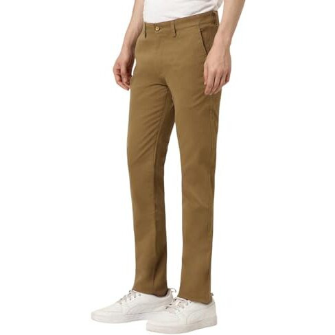 Peter England Men's Mid Rise Super Slim Fit Stretchable Everyday Casual Trouser | Scoop Pocket Premium Twill Chinos | Flat Front Dark Khaki, 34