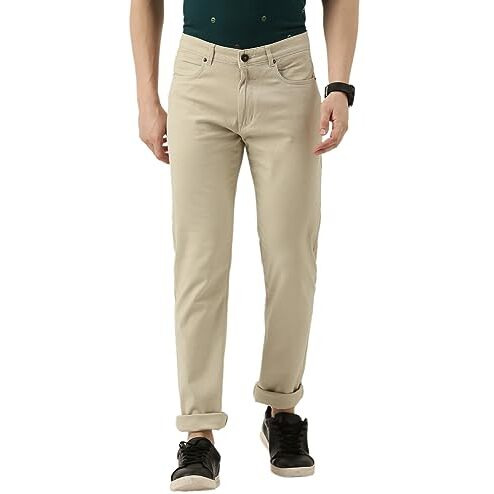 Peter England Men's Super Slim Fit Stretchable Everyday Casual Trouser | Scoop Pocket Premium Twill Chinos | Flat Front Beige, Mid Rise, 38