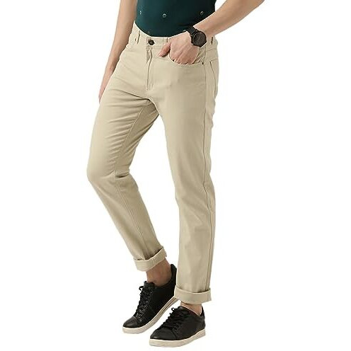 Peter England Men's Super Slim Fit Stretchable Everyday Casual Trouser | Scoop Pocket Premium Twill Chinos | Flat Front Beige, Mid Rise, 38