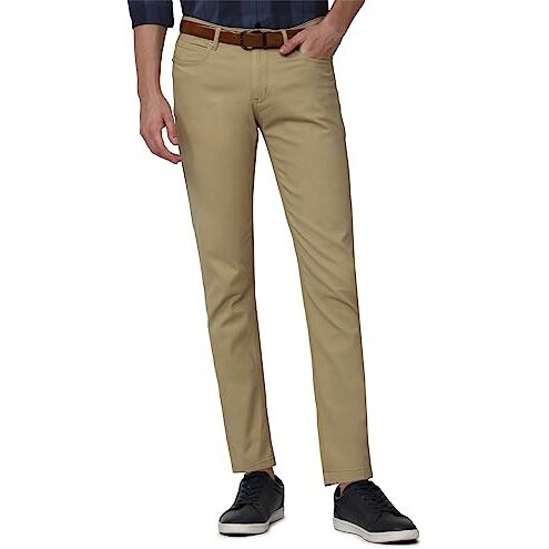 Peter England Men's Super Slim Fit Stretchable Everyday Casual Mid Rise Trouser | Scoop Pocket Premium Twill Chinos | Flat Front Light Khaki, 36