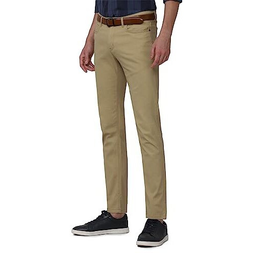 Peter England Men's Super Slim Fit Stretchable Everyday Casual Mid Rise Trouser | Scoop Pocket Premium Twill Chinos | Flat Front Light Khaki, 36