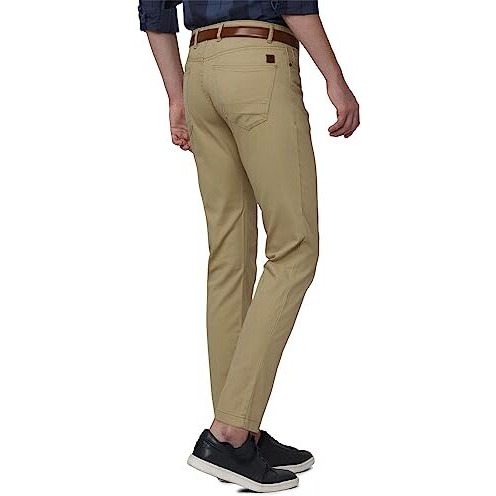 Peter England Men's Super Slim Fit Stretchable Everyday Casual Mid Rise Trouser | Scoop Pocket Premium Twill Chinos | Flat Front Light Khaki, 36