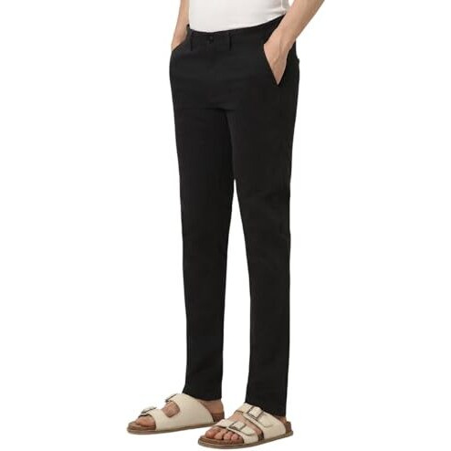 Peter England Men's Super Slim Fit Stretchable Everyday Casual Mid Rise Trouser | Scoop Pocket Premium Twill Chinos | Flat Front Black, 32