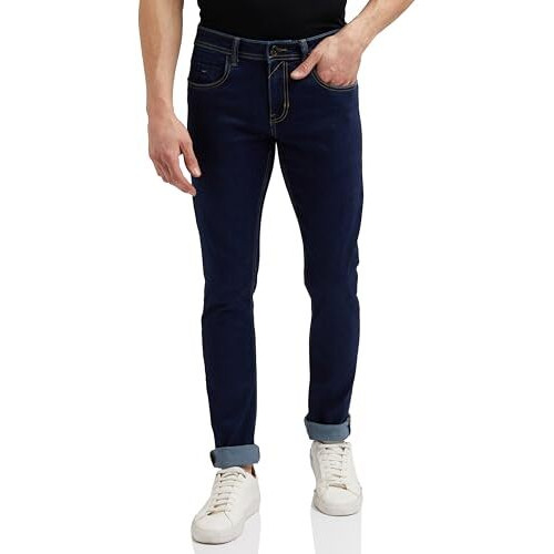 Peter England Men's Premium Skinny Fit Stretchable Mid Rise Jeans, 30 Navy Blue