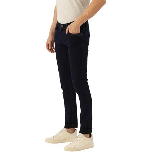 Peter England Men's Premium Skinny Fit Stretchable Mid Rise Jeans, 28 Deep Navy