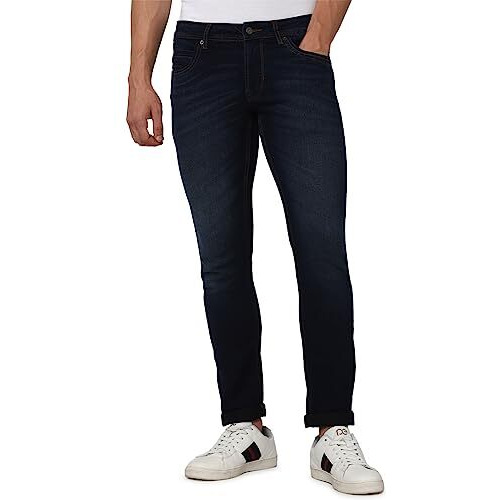 Peter England Men's Premium Skinny Fit Stretchable Mid Rise Jeans, 30 Deep Blue