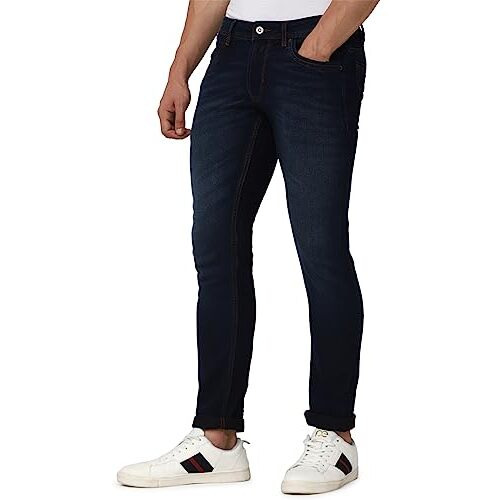 Peter England Men's Premium Skinny Fit Stretchable Mid Rise Jeans, 30 Deep Blue