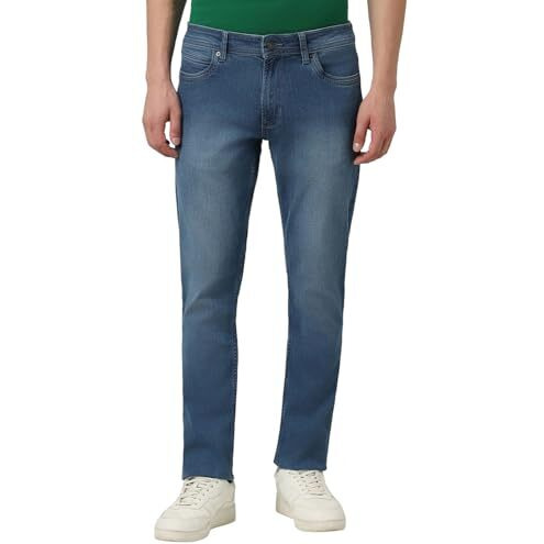 Peter England Men's Slim Tapered Stretchable Twill Jeans, Mid Rise, 34