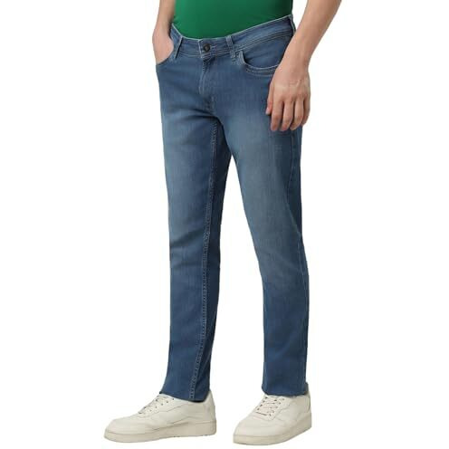 Peter England Men's Slim Tapered Stretchable Twill Jeans, Mid Rise, 34