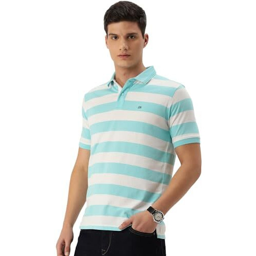 Peter England Men's Striper Polo T-Shirt Light Blue