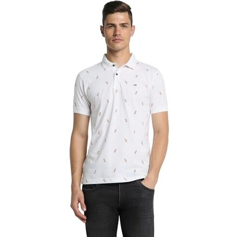 Peter England Men's Regular Fit Half Sleeve Printed Polo T-Shirt | Stretchable Lycra Comfort | Premium Single Jersey Fabric White