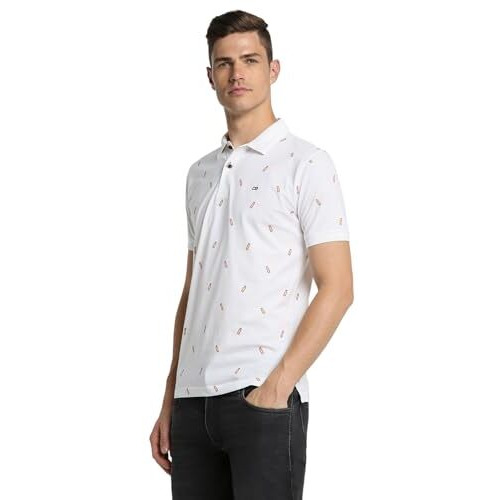 Peter England Men's Regular Fit Half Sleeve Printed Polo T-Shirt | Stretchable Lycra Comfort | Premium Single Jersey Fabric White