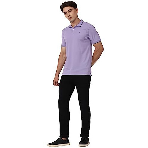Peter England Men's Snug Fit Solid Polo T-Shirt With Coloured Collar Tipping| Cotton Rich| Premium Pique Weave Lilac, Large