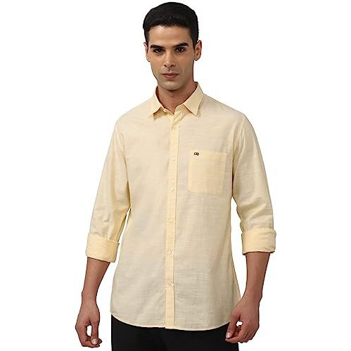 Peter England Men's Slim Fit Full Sleeve 100% Cotton Slub Casual Everyday Shirt Yellow