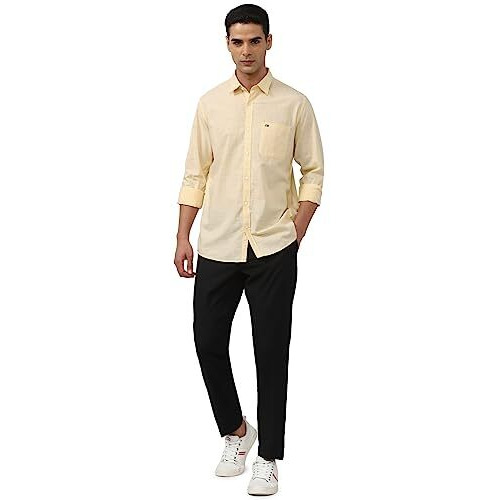 Peter England Men's Slim Fit Full Sleeve 100% Cotton Slub Casual Everyday Shirt Yellow
