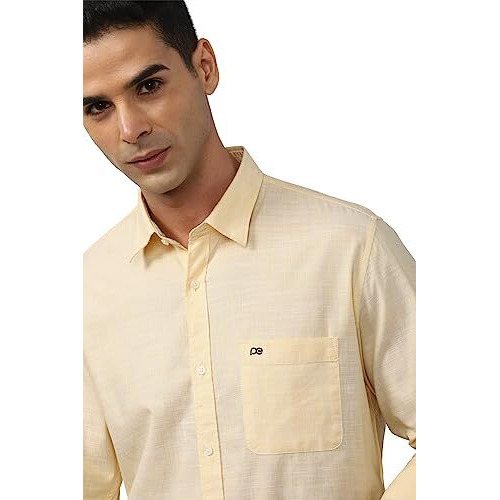 Peter England Men's Slim Fit Full Sleeve 100% Cotton Slub Casual Everyday Shirt Yellow