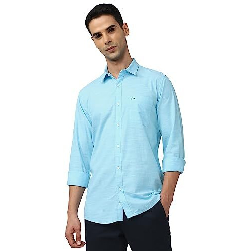 Peter England Men's Slim Fit Full Sleeve 100% Cotton Slub Casual Everyday Shirt Aqua