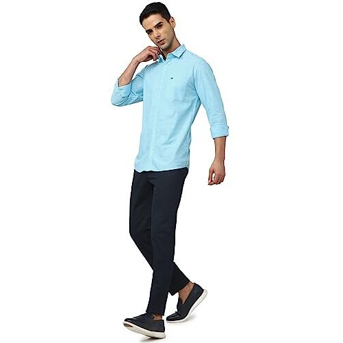 Peter England Men's Slim Fit Full Sleeve 100% Cotton Slub Casual Everyday Shirt Aqua