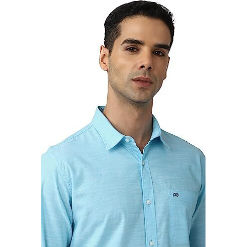 Peter England Men's Slim Fit Full Sleeve 100% Cotton Slub Casual Everyday Shirt Aqua