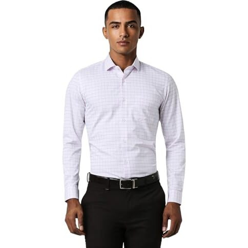 Peter England Men's Checkered Slim Fit Shirt (Pesfwslps65972_Lilac 42)