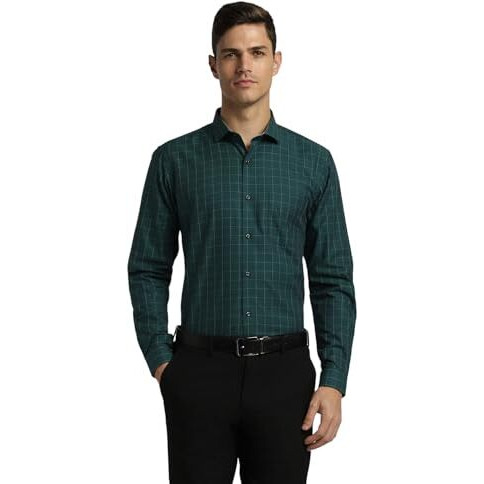 Peter England Men's Micro-Checkered Formal Slim Fit Full Sleeve Shirt Dark Green