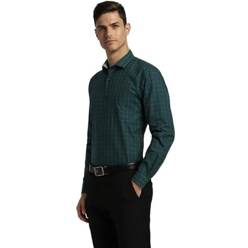 Peter England Men's Micro-Checkered Formal Slim Fit Full Sleeve Shirt Dark Green